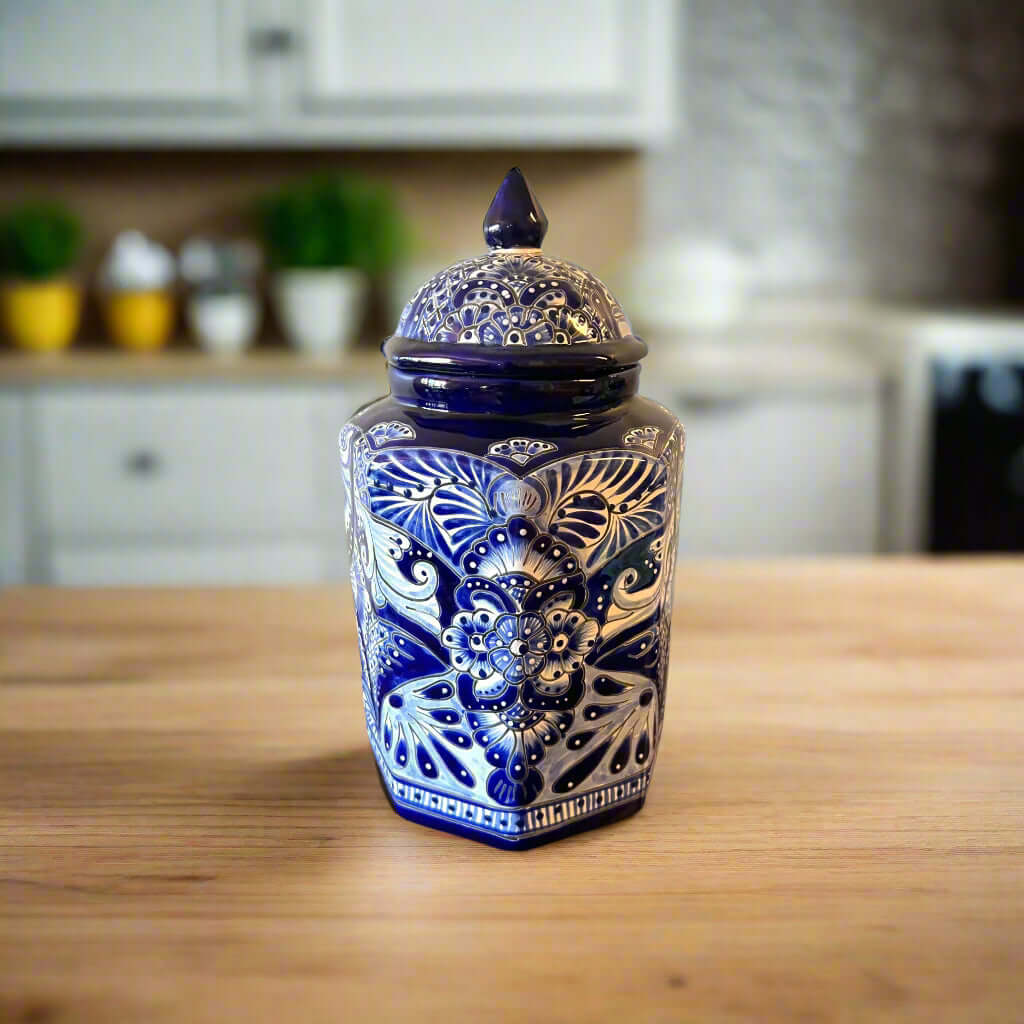 Talavera Blue & White Canister Set | Mexican Handmade Pottery - single hand-painted blue and white Talavera canister on wooden countertop