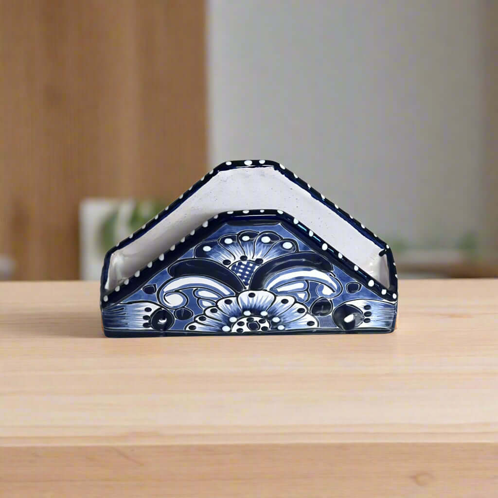 Talavera Napkin Holder | Mexican Blue & White Decor – hand-painted triangular Talavera floral napkin holder from Guanajuato, cobalt blue and white