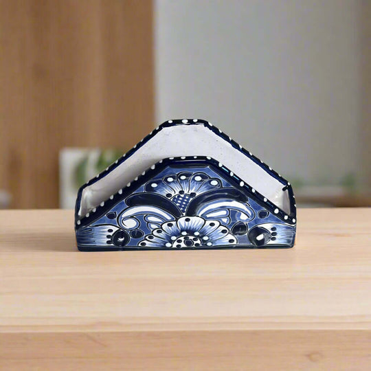 Talavera Napkin Holder | Mexican Blue & White Decor – hand-painted triangular Talavera floral napkin holder from Guanajuato, cobalt blue and white