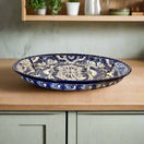 Talavera Oval Serving Platter | Blue & White Mexican Kitchenware - handcrafted cobalt rim oval platter with traditional Talavera pattern