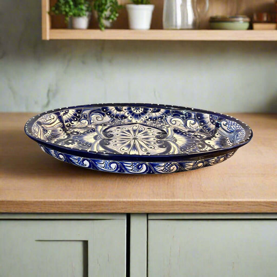 Talavera Oval Serving Platter | Blue & White Mexican Kitchenware - handcrafted cobalt rim oval platter with traditional Talavera pattern