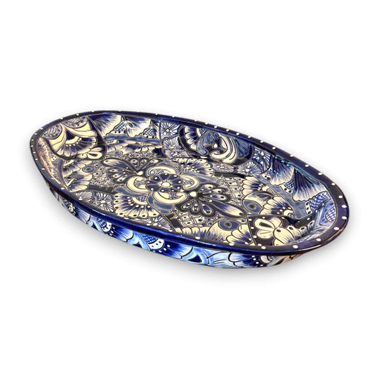Talavera Oval Serving Platter | Blue & White Mexican Kitchenware - handcrafted cobalt rim oval platter with floral Talavera pattern
