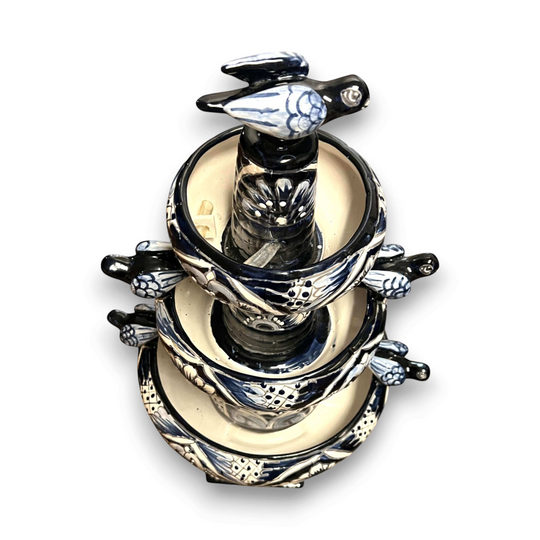 Talavera Blue & White Fountain | Authentic Mexican Ceramic Water Feature - hand-painted tiered ceramic fountain with bird accents