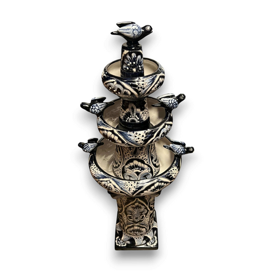 Talavera Blue & White Fountain | Authentic Mexican Ceramic Water Feature - hand-painted tiered ceramic fountain with bird accents