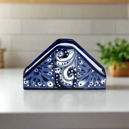 Talavera Napkin Holder | Mexican Blue & White Decor hand-painted triangular Talavera napkin holder in cobalt blue and white, kiln-fired, lead-free glaze