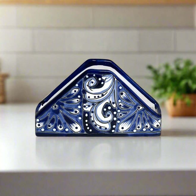 Talavera Napkin Holder | Mexican Blue & White Decor hand-painted triangular Talavera napkin holder in cobalt blue and white, kiln-fired, lead-free glaze