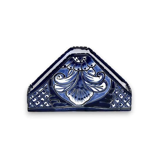 Talavera Napkin Holder | Mexican Blue & White Decor handcrafted triangular ceramic napkin holder with cobalt floral Talavera pattern