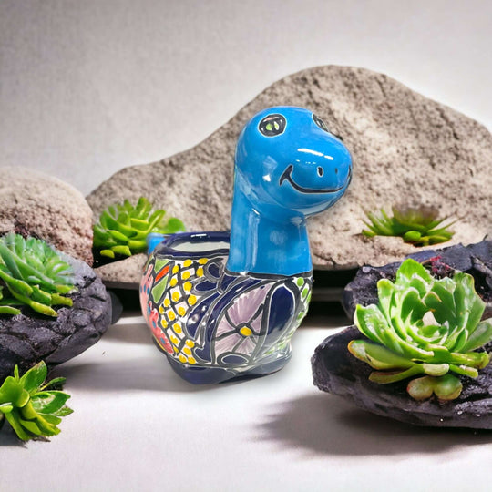 Talavera Brachiosaurus Planter | Colorful Mexican Succulent Pot - hand-painted Talavera dinosaur succulent pot from Guanajuato, Mexico