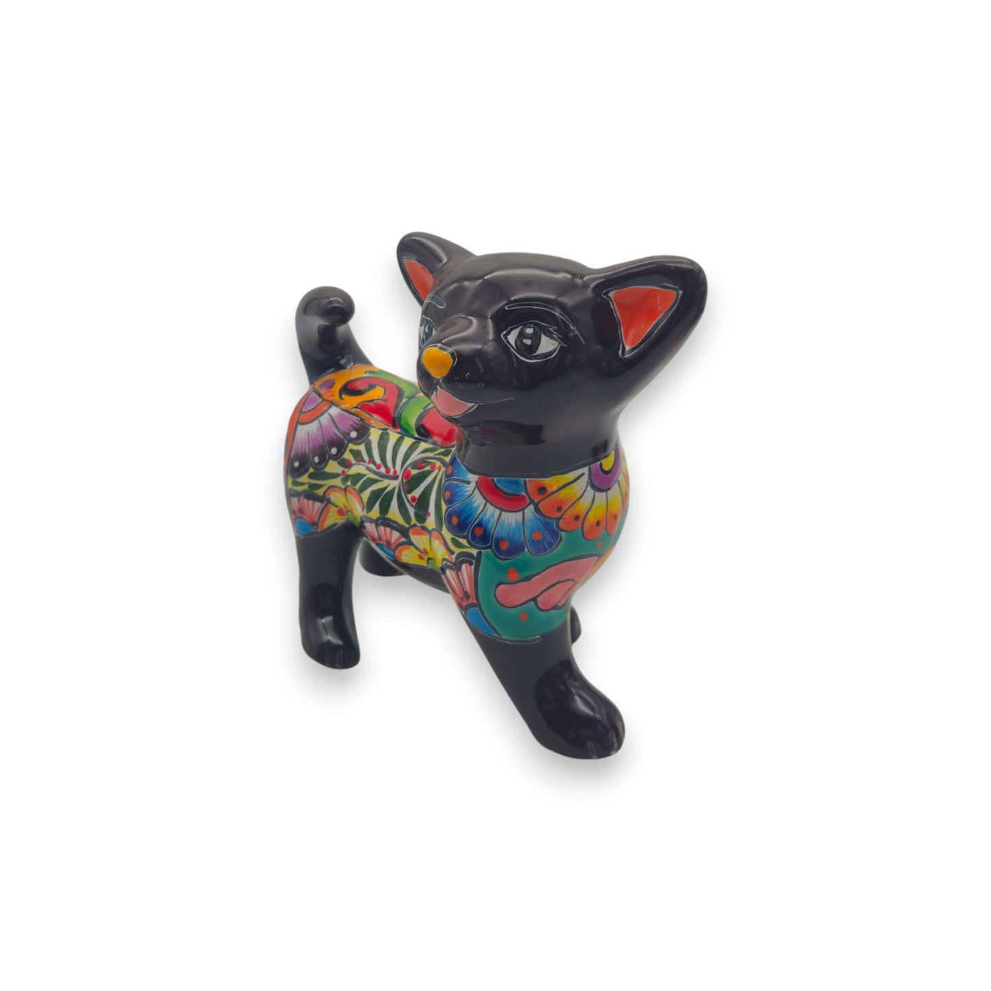 Talavera Chihuahua Dog Figurine | Handcrafted Mexican Art - glossy black hand-painted Talavera chihuahua with colorful floral and geometric patterns