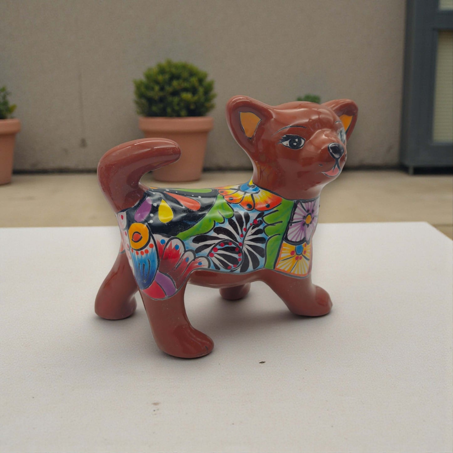 Talavera Chihuahua Dog Figurine | Handcrafted Mexican Art - hand-painted glossy brown Talavera chihuahua with vivid floral and geometric patterns