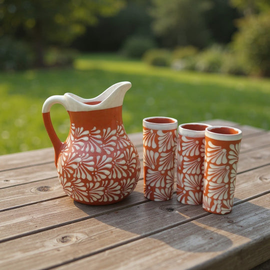 Talavera Brown & White Drinkware Set | Handmade Pitcher & Cups on rustic table