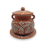 Talavera Frijolero Bean Pot with Lid | Mexican Clay Pot hand-painted brown and white floral Talavera with lid and handles