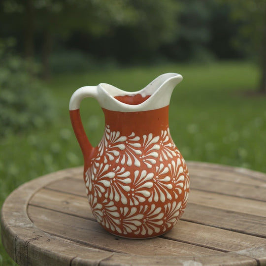 Talavera Brown & White Drinkware Set | Handmade Pitcher & Cups on wooden table
