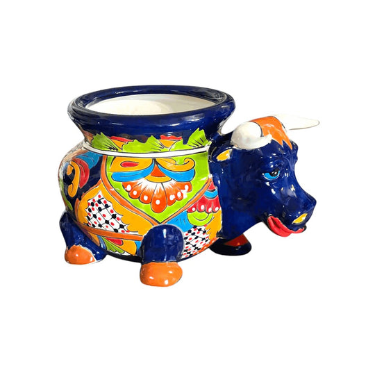 Talavera Bull Planter | Vibrant Mexican Ceramic Pottery - hand-painted cobalt blue bull planter with bright orange accents and floral Talavera patterns