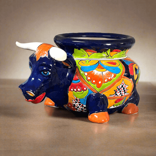 Talavera Bull Planter | Vibrant Mexican Ceramic Pottery - hand-painted cobalt blue bull planter with orange accents and floral Talavera motifs