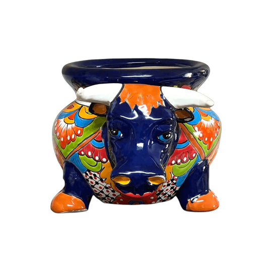 Talavera Bull Planter | Vibrant Mexican Ceramic Pottery - hand-painted cobalt blue bull planter with orange accents and floral Talavera patterns