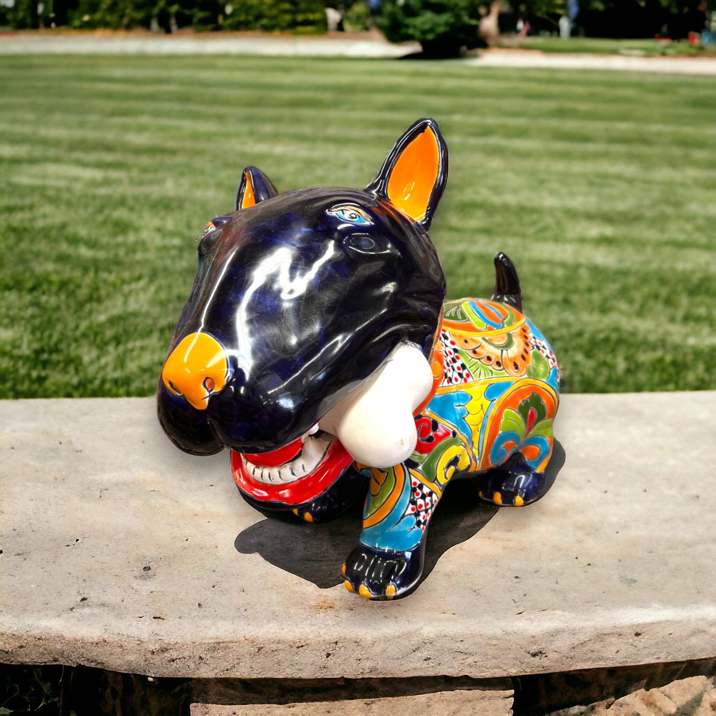 Talavera Bull Terrier Decor | Hand-painted Ceramic Dog with Bone (Extra Large)