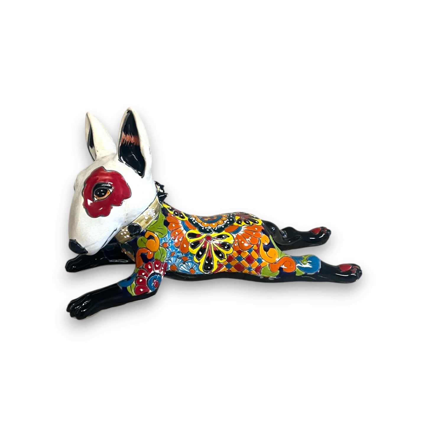 Talavera Bull Terrier Statue | Hand-Painted Colorful Dog Sculpture — handcrafted Talavera bull terrier with red eye patch and vivid floral patterns