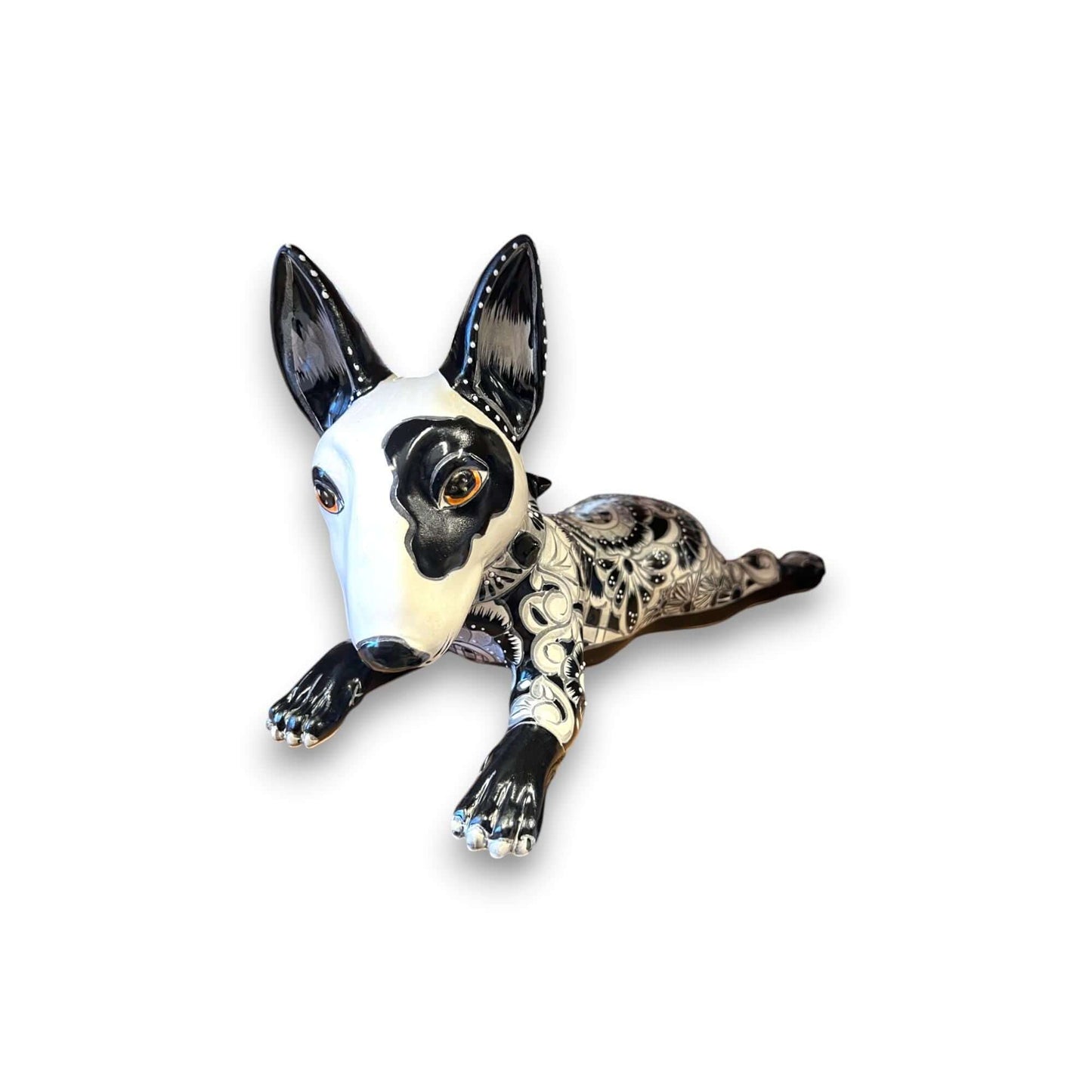 Talavera Bull Terrier Statue | Hand-Painted Colorful Dog Sculpture - black & white hand-painted Talavera bull terrier figurine, red eye patch, kiln-fired