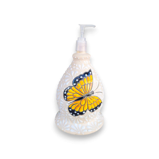 Talavera Butterfly Soap Dispenser | Hand-Painted Ceramic - hand-painted white ceramic soap pump with bright orange-yellow butterfly motif