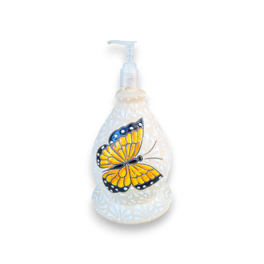 Talavera Butterfly Soap Dispenser | Hand-Painted Ceramic hand-painted white ceramic soap dispenser with bright orange butterfly motif