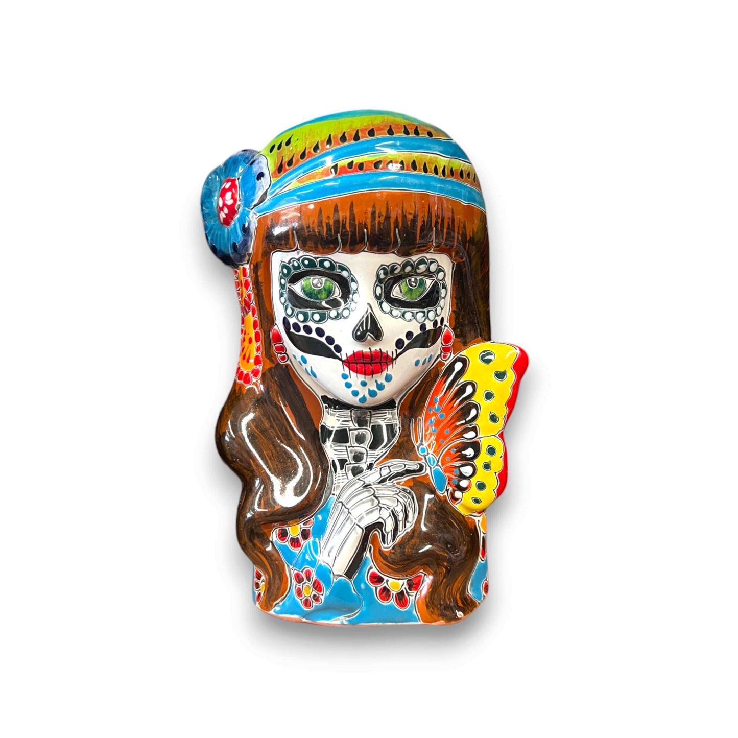 Talavera Butterfly Skull Planter | Handcrafted Day of the Dead Ceramic Pot - hand-painted skull planter with butterfly and colorful Talavera motifs
