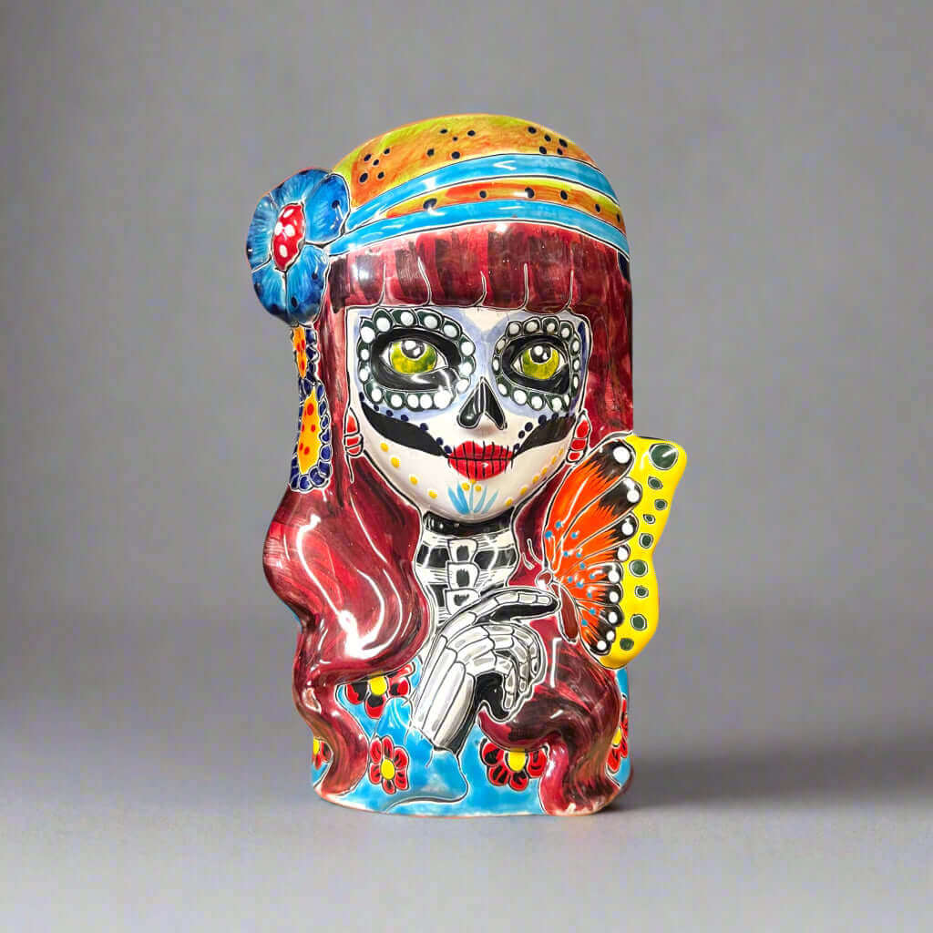 Talavera Butterfly Skull Planter | Handcrafted Day of the Dead Ceramic Pot - hand-painted Mexican skull planter with butterfly and colorful Talavera design