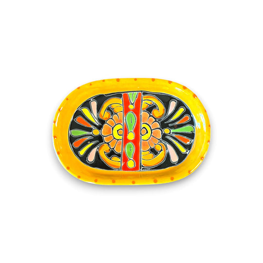 Talavera Salt and Pepper Shakers | Cactus & Panchito Design - hand-painted oval Talavera tray with bright yellow, black and floral pattern