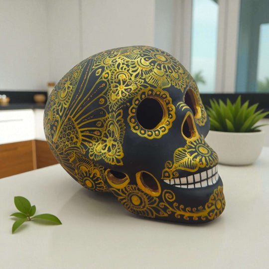 Talavera Calavera Skull | Hand-Painted Ceramic Decor black skull with intricate gold floral motifs, handcrafted in Guanajuato, Mexico