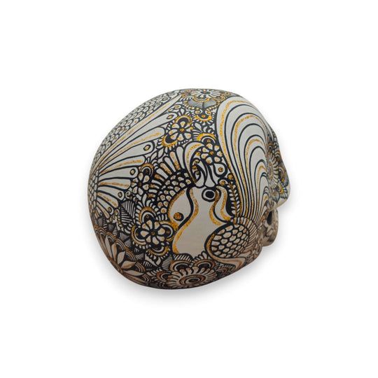 Talavera Calavera Skull | Hand-Painted Ceramic Decor — hand-painted black, white and gold floral Day of the Dead ceramic skull from Guanajuato
