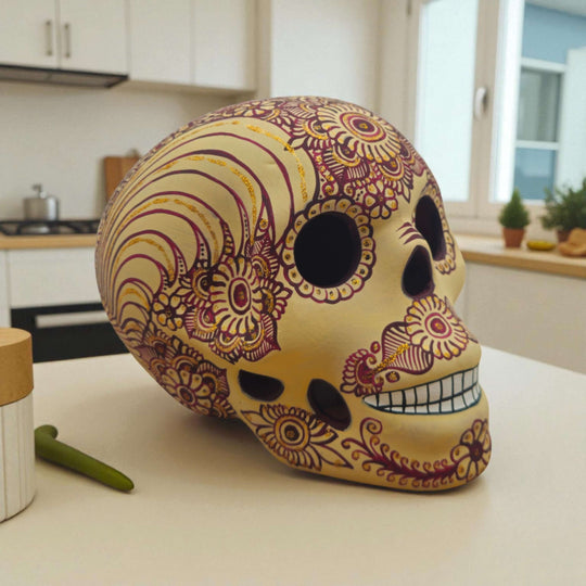Talavera Calavera Skull | Hand-Painted Ceramic Decor - hand-painted Mexican Day of the Dead ceramic skull with black white gold floral motifs