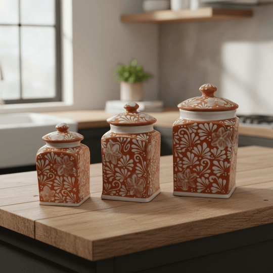 Three brown and white floral Talavera canisters displayed in a kitchen