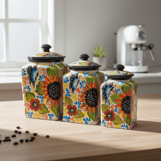 Three Talavera canisters with sunflower and butterfly designs in a kitchen display