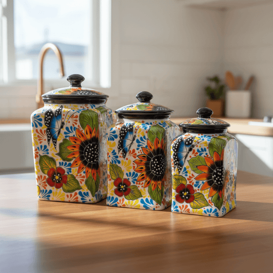 Talavera canister set with sunflower and butterfly designs staged on a kitchen counter