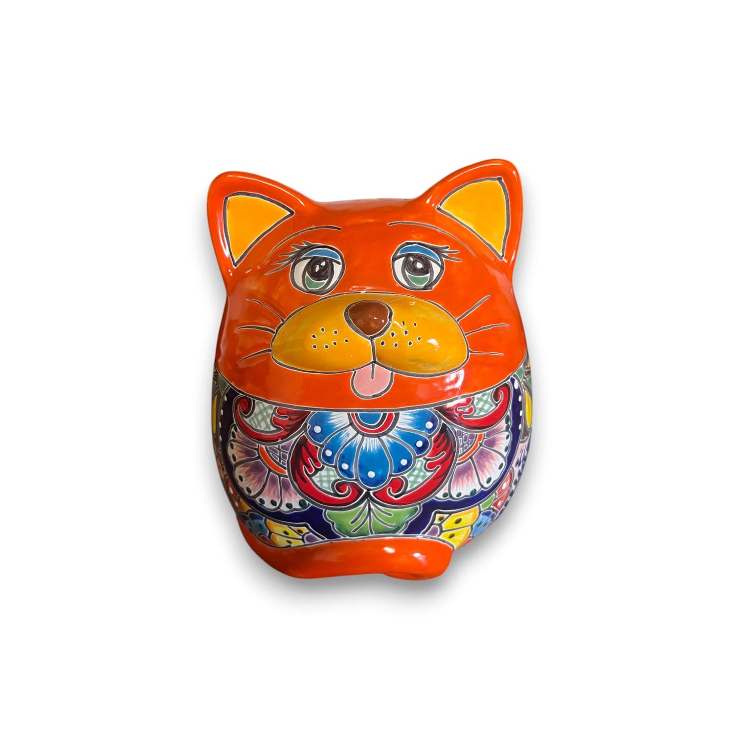 Talavera Cat Planter | Handcrafted Fat Cat Ceramic Pot - bright orange hand-painted Talavera cat planter with floral pattern