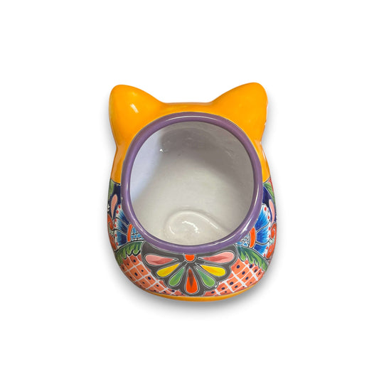 Talavera Cat Planter | Handcrafted Fat Cat Ceramic Pot - hand-painted colorful rounded cat planter from Guanajuato, Mexico