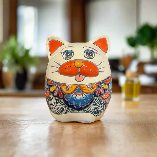 Talavera Cat Planter | Handcrafted Fat Cat Ceramic Pot: hand-painted Talavera cat-shaped planter with colorful floral pattern and expressive face