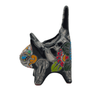 Profile detail of a ceramic Talavera cat planter with hand-painted motifs