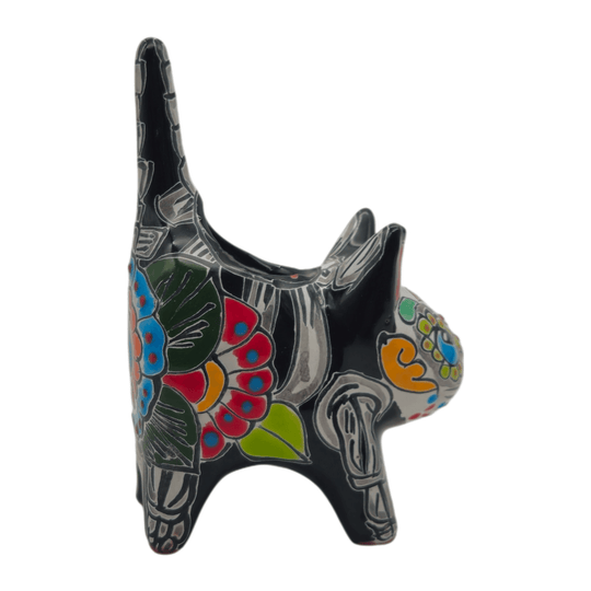 Side view of a multicolor Talavera cat planter with floral folk-art details