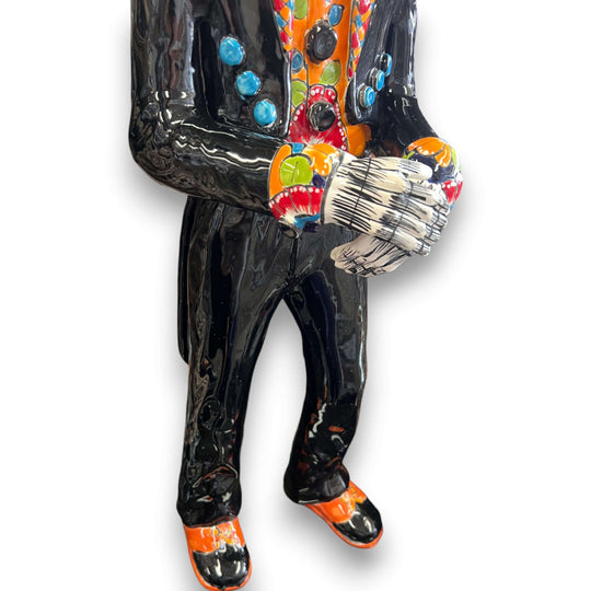 Talavera Catrin Statue | 33" Day of the Dead Figurine hand-painted black suit with colorful Talavera details and folded skeleton hands