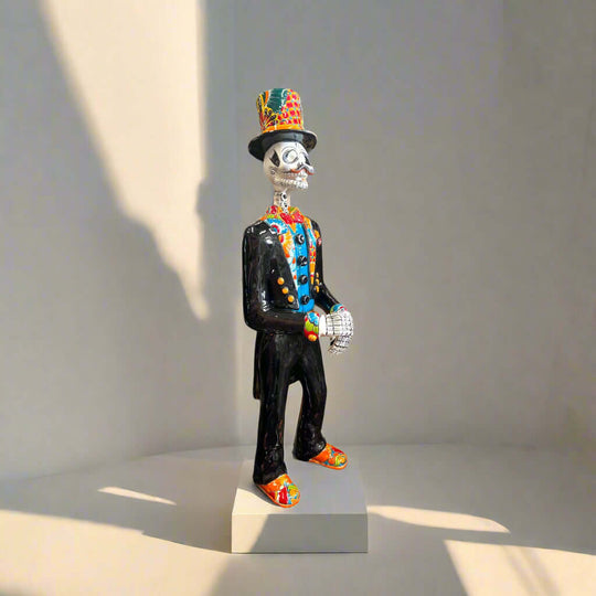 Talavera Catrin Statue | 33" Day of the Dead Figurine hand-painted Talavera Catrin in black suit from Guanajuato, Mexico