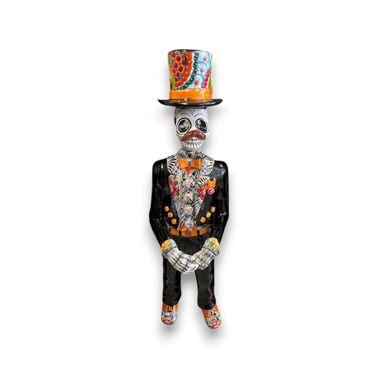 Alt Tag: Talavera Catrin Statue | 33" Day of the Dead Figurine hand-painted Talavera Catrin in black suit and colorful hat