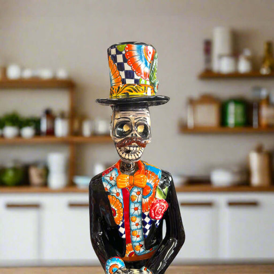 Talavera Catrin Statue | 33" Day of the Dead Figurine hand-painted Talavera skull gentleman in colorful top hat and suit