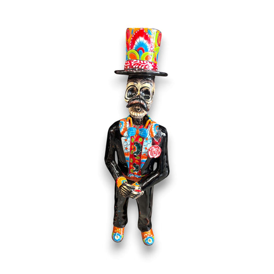 Talavera Catrin Statue | 33" Day of the Dead Figurine hand-painted Talavera Catrin in vibrant colors with top hat, Guanajuato kiln-fired ceramic