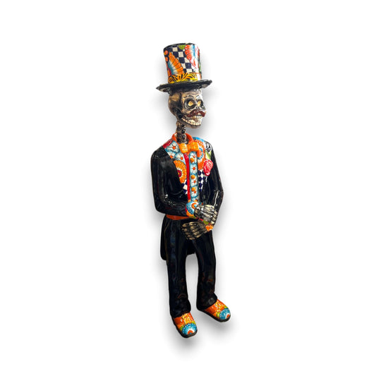 Talavera Catrin Statue | 33" Day of the Dead Figurine hand-painted Talavera Catrin in black suit and colorful top hat, 33-inch decorative skull statue