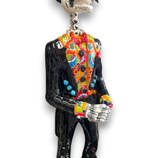 Talavera Catrin Statue | 33" Day of the Dead Figurine hand-painted Talavera Catrin in black suit with vibrant floral chest and bow