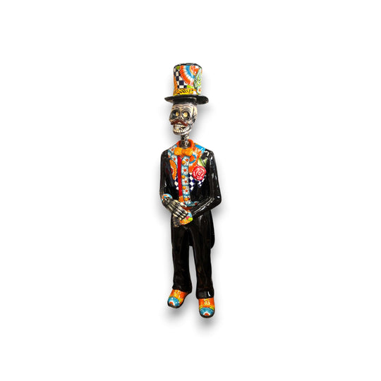 Talavera Catrin Statue | 33" Day of the Dead Figurine hand-painted Talavera Catrin in black suit with colorful hat and floral details