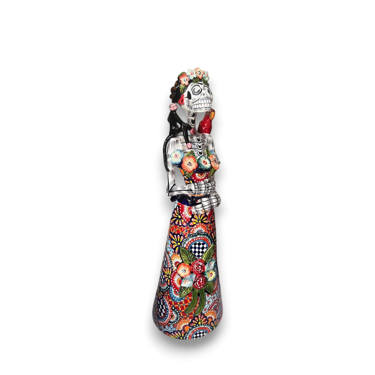 Talavera Catrina Statue | 33" Tall Day of the Dead Ceramic Figurine hand-painted Talavera Catrina with bird and monkey details
