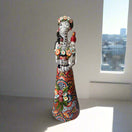 Talavera Catrina Statue | 33" Tall Day of the Dead Ceramic Figurine handcrafted hand-painted Talavera patterns with bird and monkey accents