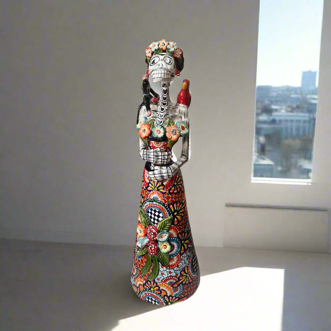Talavera Catrina Statue | 33" Tall Day of the Dead Ceramic Figurine handcrafted hand-painted Talavera patterns with bird and monkey accents